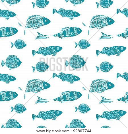 Seamless two color pattern. Blue silhouettes of fishes on a white background. Vector.
