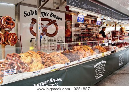 Pretzels And Mozartkugel Candies In Salzburg