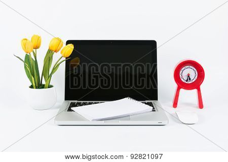 Laptop And Flower Pot Isolate