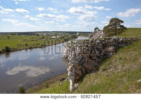 Rocky river Chusovaya in the village of Sloboda. Sverdlovsk region. Russia