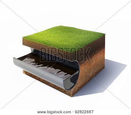 cross section of ground with grass and steel pipe with oil isolated on white