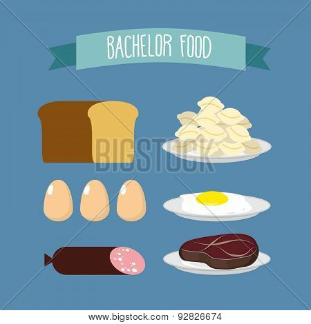 Bachelor food. Set of products for food unmarried men: meat, eggs, and meat dumplings. Vector illust