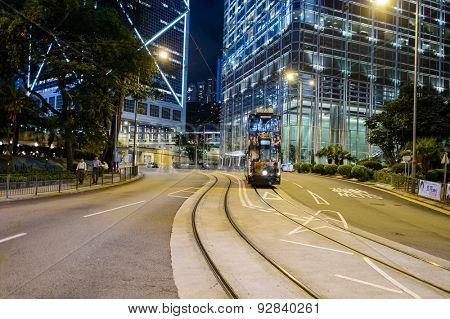 HONG KONG - JUNE 03, 2015: double-decker tram on street of HK. Hong Kong Tramways is a tram system in Hong Kong, being one of the earliest forms of public transport in the metropolis.