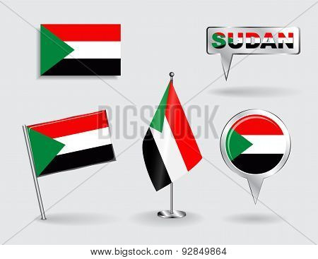 Set of Sudanese pin, icon and map pointer flags. Vector