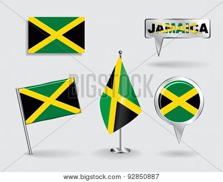 Set of Jamaican pin, icon and map pointer flags. Vector