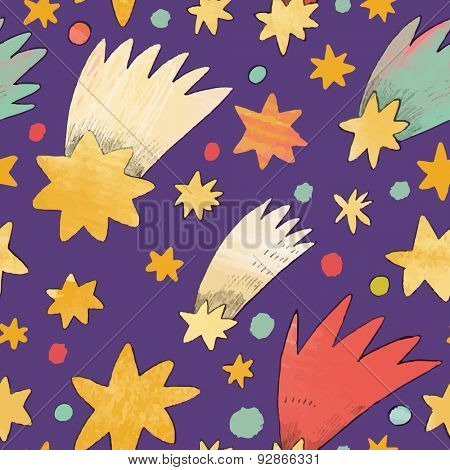 Awesome cosmic seamless pattern made of stars and comets in bright colors. Lovely night sky concept background in vector