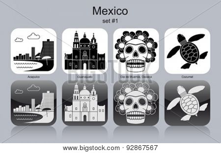 Landmarks of Mexico. Set of monochrome icons. Editable vector illustration.