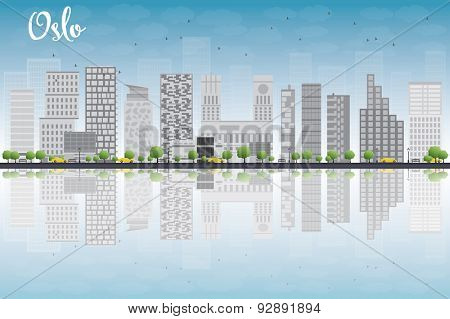 Oslo Skyline with Grey Building, Blue Sky and reflections. Vector Illustration