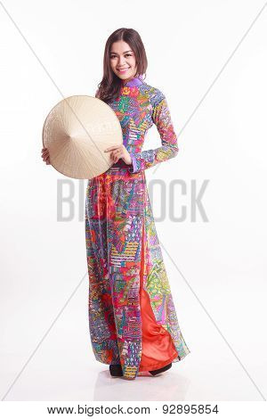 Beautiful Vietnamese Woman With Tradition Ao Dai With Modern Design And Palm-leaf Conical Hat ( Non