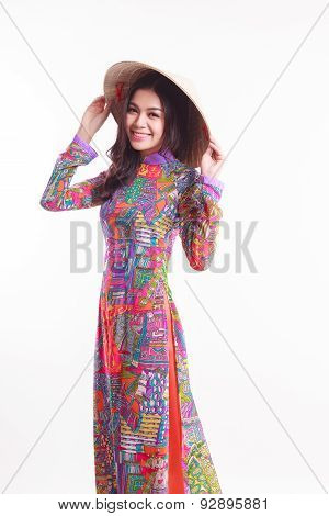 Beautiful Vietnamese Woman With Tradition Ao Dai With Modern Design And Palm-leaf Conical Hat ( Non