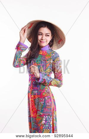 Beautiful Vietnamese Woman With Tradition Ao Dai With Modern Design And Palm-leaf Conical Hat ( Non