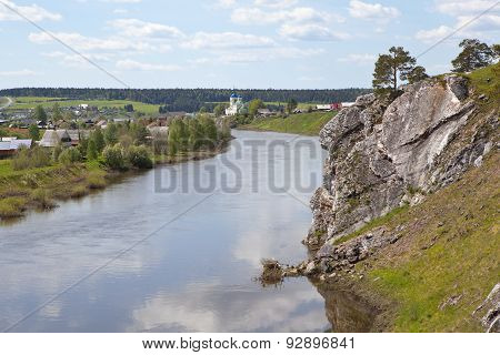 Rocky river Chusovaya in the village of Sloboda. Sverdlovsk region. Russia