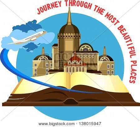 vector illustration round emblem of the beautiful old castle on a background of an open book airplane taking off