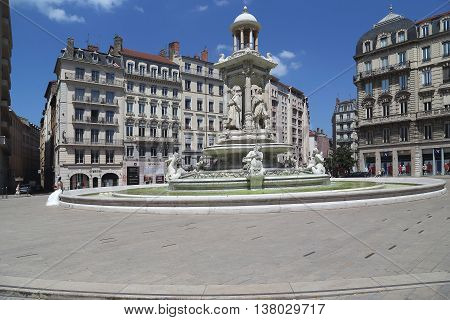 LYON, FRANCE - MAY 24, 2015: This is the fountain in the Square of the Jacobins.