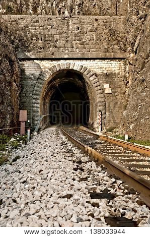 railroad tracks and old tunnel entrance in dalmatian hinterland near labin dalmatia croatia