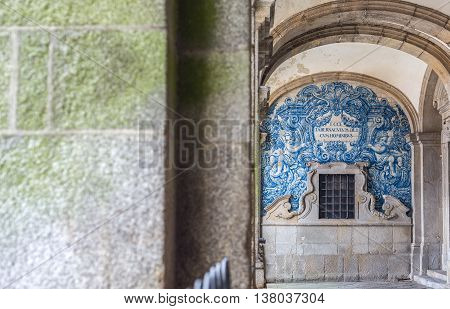 Porto, Portugal - June 24, 2016. Portico of the Porto cathedral Se catedral is the current bishopric seat of Porto Portugal.