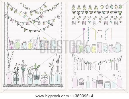 Set of bottles with plants and flowers. Jars for smoothies and lemonades. Garlands with lamps and flags. Used elements included. Scandinavian style.