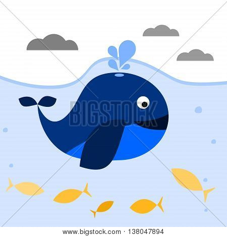 Blue whale with spout under water. Vector illustration.