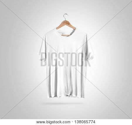 Blank white t-shirt front side view on hanger, design mockup, clipping path. Clear plain cotton tshirt mock up template. Apparel store logo branding display. Crew shirt surface hang on wood hanger