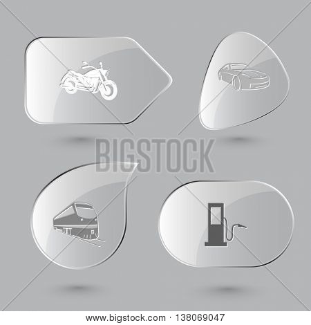 4 images: motorcycle, car, train, fueling station. Transport set. Glass buttons on gray background. Vector icons.