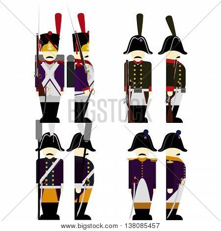 French Army soldiers in uniforms and weapons were used in the 1812 war. The illustration on a white background.
