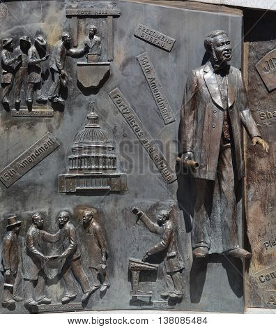 COLUMBIA SOUTH CAROLINA USA JUNE 23 2016: Details of monument to the African-American history from the Middle Passage, to the fight for freedom in the Civil War by Ed Dwight of Colorado