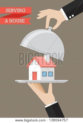 Waiter serving a house. Flat style icon