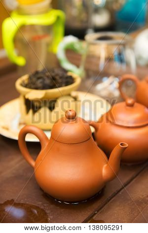 Tea pots from Yixing clay on the table
