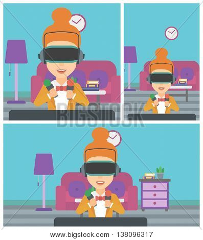 Young woman wearing a virtual reality headset and holding motion controllers in hands. Woman playing video games in apartment. Vector flat design illustration. Square, horizontal, vertical layouts.