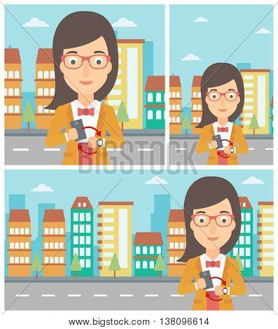 Young woman holding a smartphone looking at her smart watch. Synchronization between smartwatch and smartphone. Vector flat design illustration. Square, horizontal, vertical layouts.
