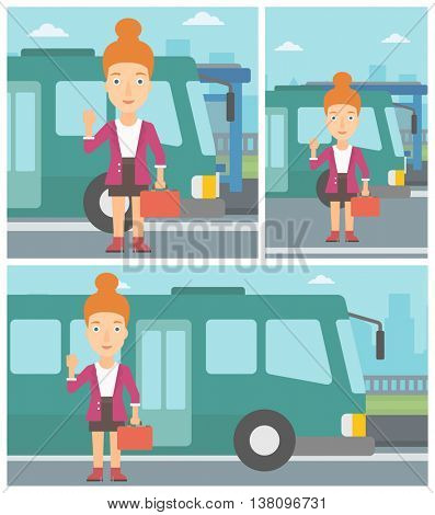 Woman with suitcase standing at the entrance door of a bus on a city background. Young woman waving in front of a bus. Vector flat design illustration. Square, horizontal, vertical layouts.