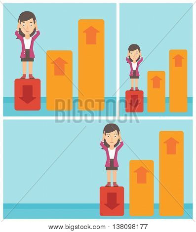 A frightened female bankrupt clutching her head. Bankrupt standing on chart going down. Concept of business bankruptcy. Vector flat design illustration. Square, horizontal, vertical layouts.