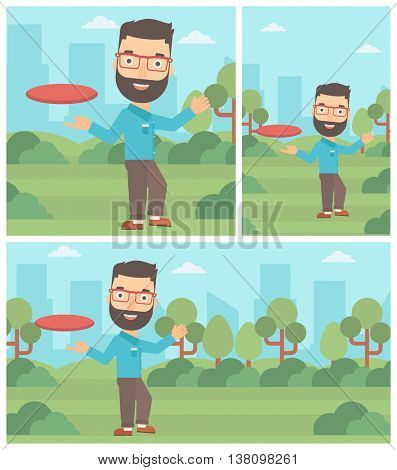 Hipster man with the beard playing flying disc in the park. Man throwing a flying disc. Sportsman catching flying disc outdoors. Vector flat design illustration. Square, horizontal, vertical layouts.