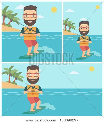A hipster sportsman wakeboarding on the sea. Wakeboarder making tricks. Man studying wakeboarding. Young man riding wakeboard. Vector flat design illustration. Square, horizontal, vertical layouts.