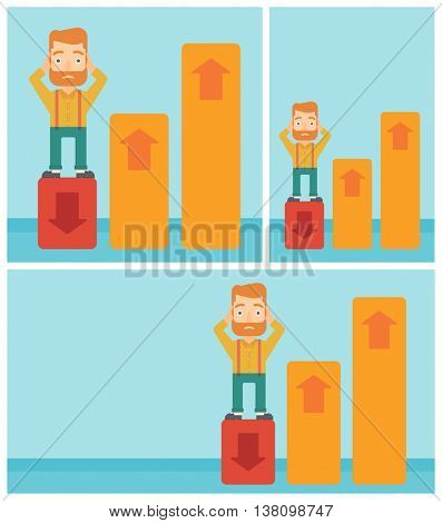 A frightened hipster bankrupt clutching his head. Bankrupt standing on chart going down. Concept of business bankruptcy. Vector flat design illustration. Square, horizontal, vertical layouts.