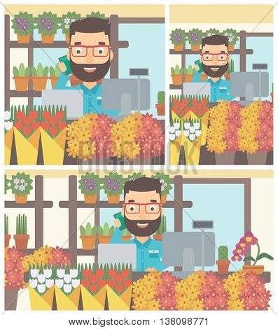 A hipster florist with the beard using telephone and laptop to take orders. A florist standing behind the counter at flower shop. Vector flat design illustration. Square, horizontal, vertical layouts.