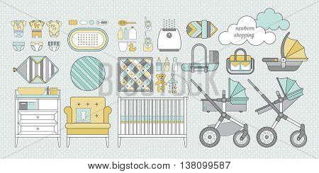 Vector objects for a newborn. Products for newborns. Cribs baby stroller childrens clothing toys and other baby stuff for a newborn. Vector baby stuff set in flat style.