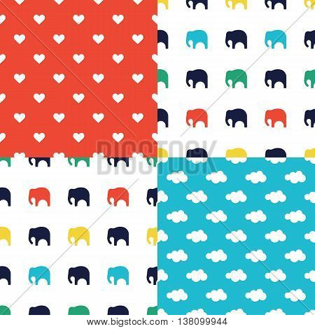 Scandinavian seamless pattern set. Newborn seamless patterns with elephants. Kids background. Vector seamless baby pattern. Perfect for kids bed linen baby cotton kids wallpaper.