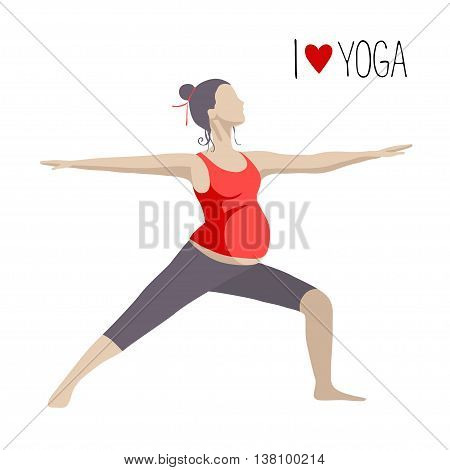 Pregnant woman doing exercise. Yoga positions in Warrior or Virabhadrasana Pose. Vector illustration