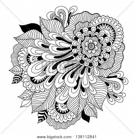 Zen-doodle or Zen-tangle floral pattern. Composition in Indian style. Vector illustration.