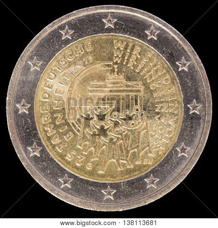 Commemorative Two Euro Coin Issued By Germany In 2015 And Commemorating The Anniversary Of German Un