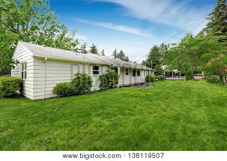 Back Yard Of American Rambler With Green Grass And Lots Of Space