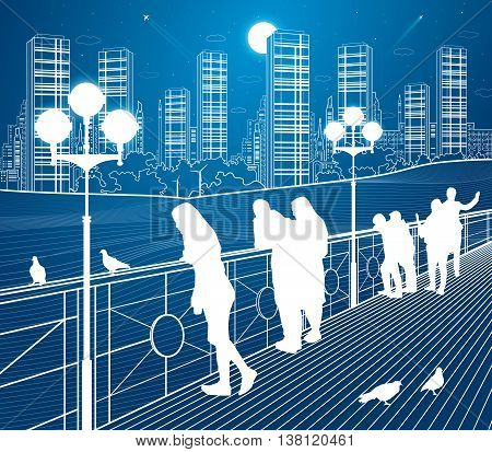 City scene, people watching from the bridge to the city's skyline, street life, night town in background, vector design art