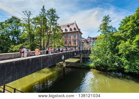 Bamberg Germany - May 22 2016: View to Lower Bridge over Regnitz River and the old city in Bamberg Upper Franconia Bavaria Germany.