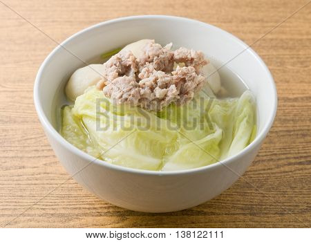 Thai Cuisine and Food A Bowl of Delicious Lettuce with Minced Pork and Fish Meat Ball Soup.