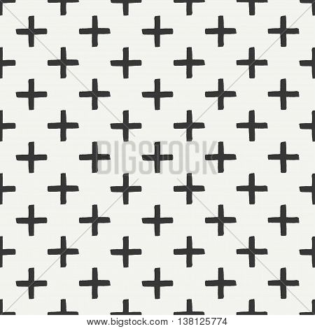 Hand drawn geometric seamless ink pattern with brush strokes. Wrapping paper. Abstract vector background. Brush strokes. Texture with crosses or pluses. Dry brush. Rough edges ink illustration.