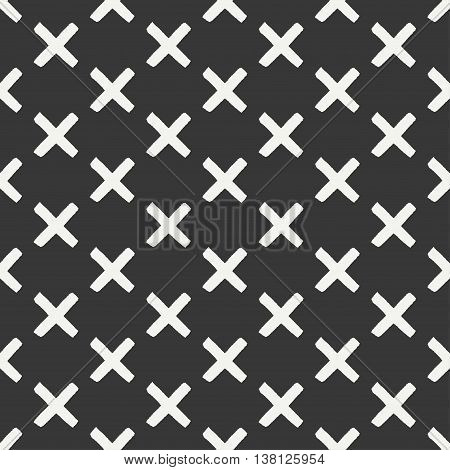 Hand drawn geometric seamless ink pattern with brush strokes. Wrapping paper. Abstract vector background. Brush strokes. Texture with crosses or pluses. Dry brush. Rough edges ink illustration.