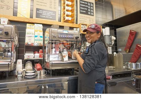 CHICAGO, IL - CIRCA MARCH, 2016: indoor portrait of staff in Pret a Manger. Pret a Manger is a sandwich shop chain based in the United Kingdom