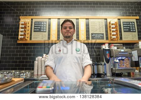 CHICAGO, IL - CIRCA MARCH, 2016: indoor portrait of staff in Pret a Manger. Pret a Manger is a sandwich shop chain based in the United Kingdom