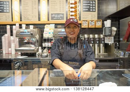 CHICAGO, IL - CIRCA MARCH, 2016: indoor portrait of staff in Pret a Manger. Pret a Manger is a sandwich shop chain based in the United Kingdom
